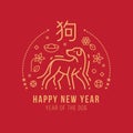 Happy new year , year of the dog with abstract gold line dog zodiac sign and china text mean dog and flower money coin on red