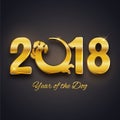 Happy new year of the dog 2018, gold text, card, postcard, vector illustration, cute funny dachshund round logo design Royalty Free Stock Photo