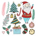 Happy New Year doodle set. Christmas cartoon stickers collection. Cute santa claus, trees, gift and other. Royalty Free Stock Photo