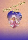 Happy New Year drawing on pink and blue background with a cute pink doll and blue heart. New year greetings
