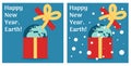 Happy new year, Earth. Christmas planet card in the gift box. Happy new year greeting card. Congratulations to the planet