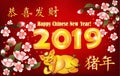 Happy New Year of the earth Pig 2019 - floral greeting card with red background, with text in Chinese and English Royalty Free Stock Photo