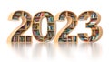 Happy 2023 new year education concept. Bookshelves with books in the form of text 2023