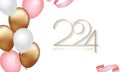 Happy New Year 2024 Elegant gold text with balloons and confetti. Realistic vector Royalty Free Stock Photo