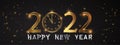 Happy new 2022 year Elegant gold text with fireworks, clock and light. Minimalistic text template Royalty Free Stock Photo