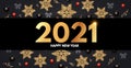 2021 Happy New Year Elegant holiday decoration with gold snowflakes, red and black balls, year numbre and lights