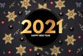 2021 Happy New Year Elegant holiday decoration with gold snowflakes, red and black balls, year numbre and lights