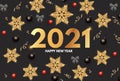 2021 Happy New Year Elegant holiday decoration with gold snowflakes, red and black balls, year numbre and lights