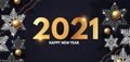 2021 Happy New Year Elegant holiday decoration with silver snowflakes, golden balls, year number and lights