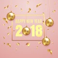 Happy New Year 2018 elegant pink background template with gold christmas balls and confetti with a sparkle, text and shining Royalty Free Stock Photo