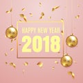 Happy New Year 2018 elegant pink background template with gold Christmas balls and confetti with a sparkle, text and shining Royalty Free Stock Photo