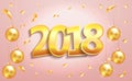 Happy New Year 2018 elegant pink background template with gold christmas balls and confetti with a sparkle, text and Royalty Free Stock Photo