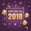 Happy New Year 2018 elegant purple background template with gold Christmas balls and confetti with a sparkle, text and shining Royalty Free Stock Photo