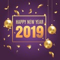 Happy New Year 2018 elegant purple background template with gold Christmas balls and confetti with a sparkle, text and shining Royalty Free Stock Photo