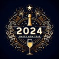 Happy New Year 2024 eve line design loading sparkle firework open champagne golden