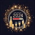 Happy New Year 2024 eve line design loading sparkle firework open champagne golden white black