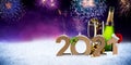 Happy new year eve 2021 number colorful fireworks with santa hat four leaf clover champagne bottle glass on snow front of red Royalty Free Stock Photo