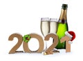 Happy new year eve 2021 number  with santa hat four leaf clover champagne bottle glass on snow isolated  white background Royalty Free Stock Photo