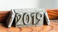 Happy new year 2019 between exclamation marks types of press Royalty Free Stock Photo