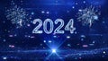 Happy New Year 2024 festival technology concept celebration. slow motion bokeh particle confetti and fireworks glittering on a
