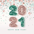 2021 Happy New Year festive Banner with glowing rose gold and emerald Numbers on falling geometric and foil paper Confetti