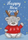 Happy New Year. Festive card with a teddy bear