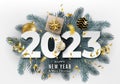 2023 Happy New Year. Festive 3d realistic decoration with big paper calendar numbers and christmas decor. Celebrate