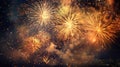 Happy New Year with Festive Gold Fireworks Collage in Night Sky. Generate Ai Royalty Free Stock Photo