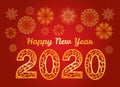 Happy New Year 2020! Festive golden fireworks. Gold 2020 Numbers decorated with openwork pattern on red Background. Royalty Free Stock Photo