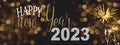 HAPPY NEW YEAR 2023 - Festive silvester background panorama banner long - Golden yellow firework and champagne classes toasting on Royalty Free Stock Photo