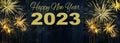 HAPPY NEW YEAR 2023 - Festive silvester firework background panorama greeting card banner long - Golden fireworks on dark blue Royalty Free Stock Photo