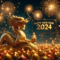 HAPPY NEW YEAR 2024 - Festive silvester New Year`s Eve Party background greeting card - Golden fireworks in the dark blue night