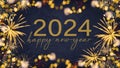 HAPPY NEW YEAR 2024 - Festive silvester New Year\'s Eve Party background greeting card - Golden fireworks dark black night Royalty Free Stock Photo