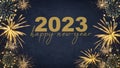 HAPPY NEW YEAR 2023 - Festive silvester New Year`s Eve Party background greeting card - Golden fireworks in the dark blue night Royalty Free Stock Photo