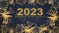 HAPPY NEW YEAR 2023 - Festive silvester New Year`s Eve Party background greeting card - Golden fireworks in the dark blue night Royalty Free Stock Photo