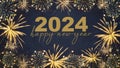 HAPPY NEW YEAR 2024 - Festive silvester New Year`s Eve Party background greeting card - Golden fireworks in the dark blue night