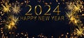 HAPPY NEW YEAR 2024 - Festive silvester New Year\'s Eve Party background greeting card with year and text - Golden fireworks. Royalty Free Stock Photo