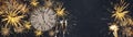 HAPPY NEW YEAR 2022 - Festive silvester New Year`s Eve Party background panorama banner long - Golden yellow fireworks, clock and Royalty Free Stock Photo