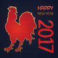 Happy New Year, Fiery red rooster a symbol of 2017. greeting card with silhouette golden stroke on dark blue Royalty Free Stock Photo