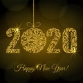 Happy New Year 2020. figures  and Christmas ball from a floral ornament with golden glitter and sparks on a dark background Royalty Free Stock Photo