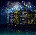 Happy new year with firework city at night