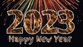 Happy New Year 2023 With Firework Typography And Calligraphy Text On Fireworks And Night Sky Background. Royalty Free Stock Photo