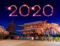 2020 Happy New Year fireworks over Asakusa temple at night in Tokyo, Japan Royalty Free Stock Photo