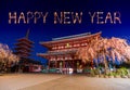 Happy New Year fireworks over Asakusa temple at night in Tokyo, Japan Royalty Free Stock Photo