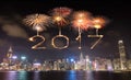 2017 Happy New Year Fireworks celebrating over Hong Kong city Royalty Free Stock Photo