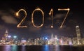 2017 Happy New Year Fireworks celebrating over Hong Kong city Royalty Free Stock Photo