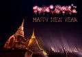Happy New Year Fireworks celebrating over Sukhothai historical p