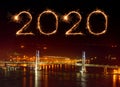 2020 Happy New Year fireworks over Yokohama Bay Bridge  at night, Japan Royalty Free Stock Photo