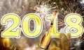 Happy New Year 2018 fireworks and champagne explosion Royalty Free Stock Photo