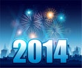 Happy New Year 2014 with fireworks and city Royalty Free Stock Photo